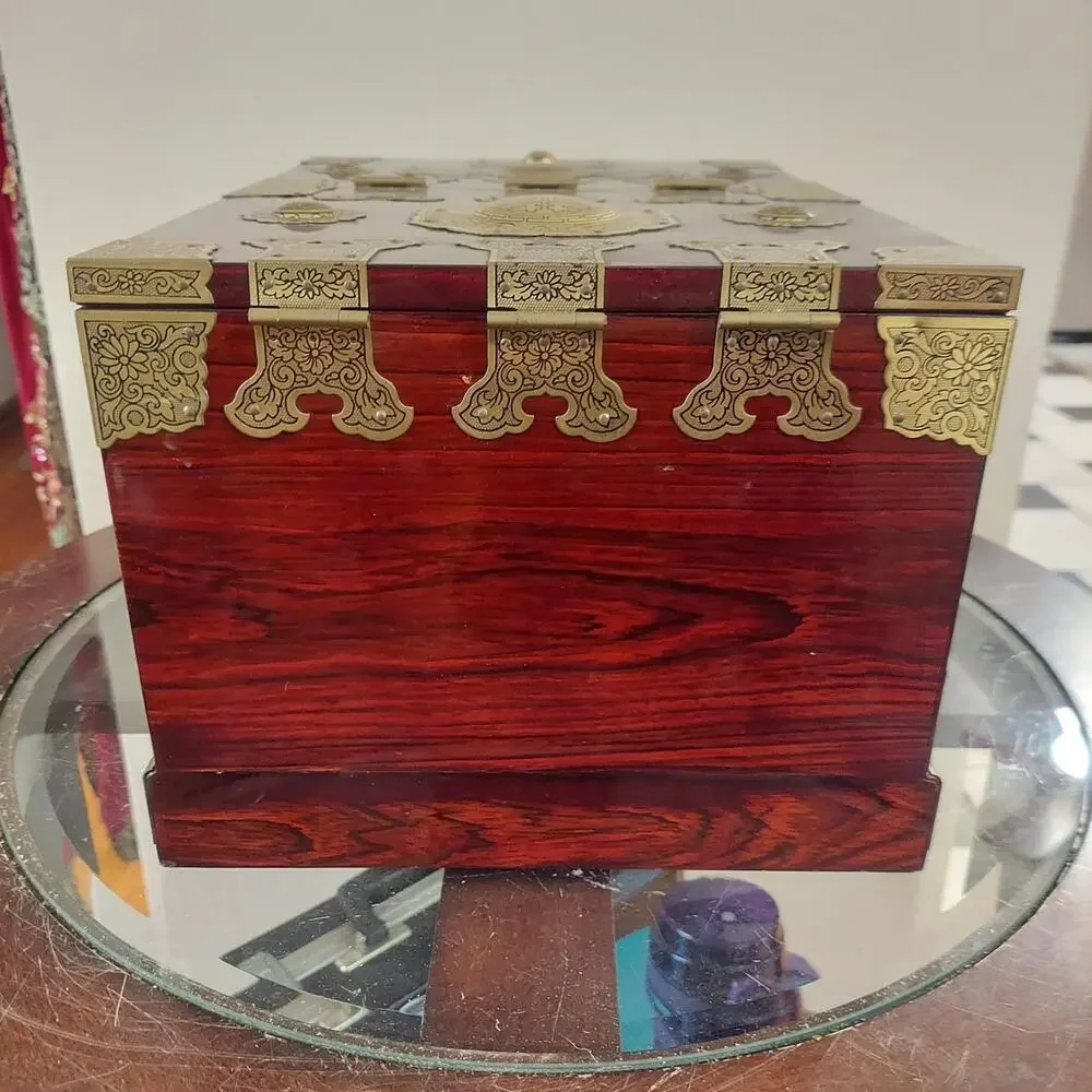 Antique c1920 Rosewood and Brass Chinese Mirror Box with Laquered Finish